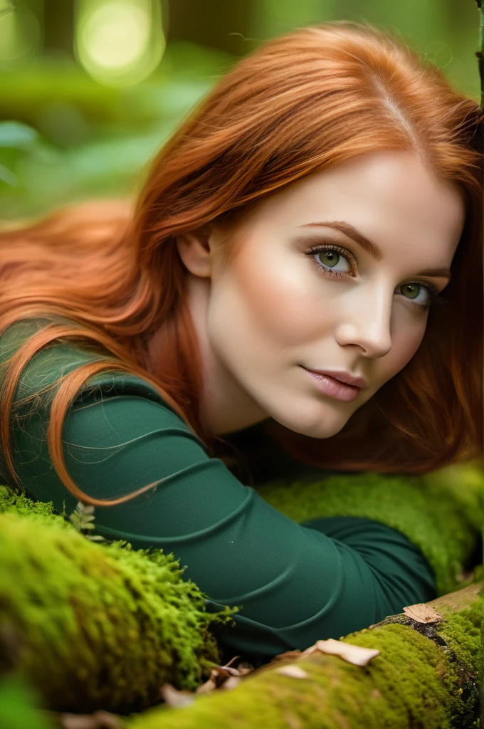 A photo of a (red-haired woman:1.3) lying on the ground, (soft gaze into camera:1.2), (nature's embrace:1.2), (earthy tones:1.1), (moss-covered log:1.2), (whisper of greenery:1.1), (outdoor tranquility:1.3), gentle (bokeh effect:1.1), Nikon D810, 1/125s, f/2.2, ISO 100, (natural light:1.2), (forest-floor textures:1.1), (intimate perspective:1.3).