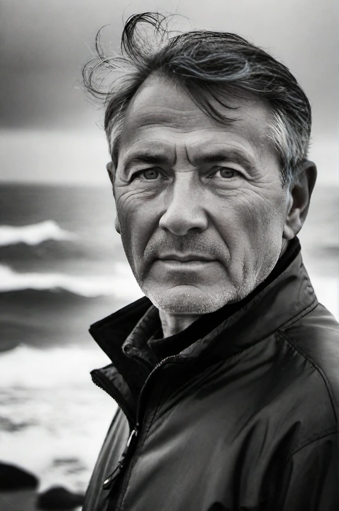 b&w portrait photo of 54 y.o man, coastline, overcast weather, wind, waves, soft lighting, high quality, film grain, Fujifilm XT3
