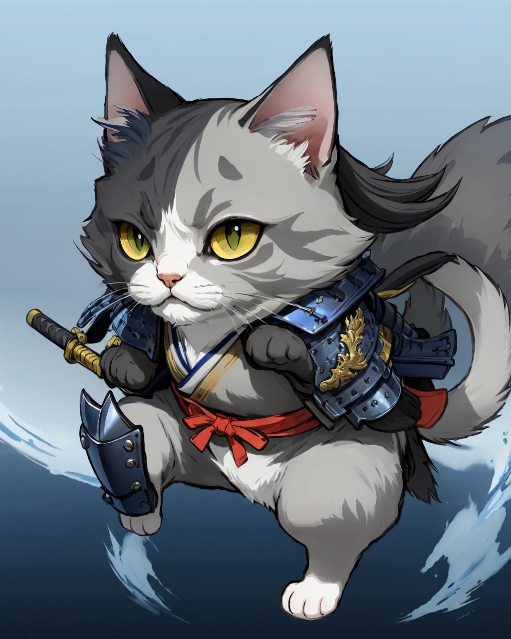 best quality,masterpiece,highly detailed,ultra-detailed, 
<lora:neg4all_bdsqlsz_V3.5:-1>,
 <lora:Nobunyaga:1> nobunyaga, solo, cat, weapon, animalization, animal
Describing a warrior wearing lightweight armor with wind motifs, emphasizing speed and agility. The clothing consists of shades of gray and navy blue, portraying a calm yet refined image. The hairstyle is simple and practical, suitable for the practical needs of a samurai in combat.