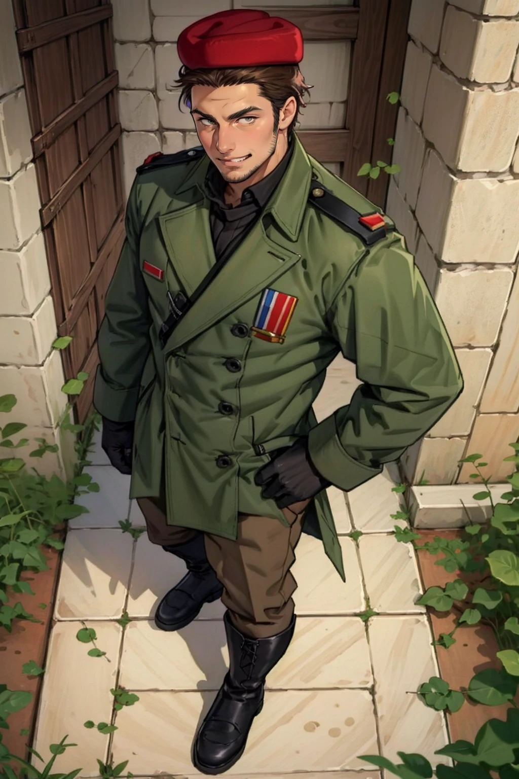 (1 image only),  (solo male),  1boy,  Sadik Adnan,  Turkey,  Hetalia: Axis Powers,  Turkish male,  olive-skinned,  facial hair,  chinstrap stubble,  sideburns,  (clean face),  brown eyes,  brown hair,  short hair,  grin,  small red fez hat,  long green military trench coat,  brown pants,  knee-high boots,  black gloves,  handsome,  mature,  charming,  alluring,  full body,  perfect anatomy,  perfect proportions,  8k,  HQ,  (best quality:1.2,  hyperrealistic:1.2,  photorealistic:1.2,  masterpiece:1.3,  madly detailed photo:1.2),  (hyper-realistic lifelike texture:1.2,  realistic eyes:1.2),  high_resolution,  perfect eye pupil,  (standing),  perfecteyes,  Hagia sophia loction,  building,  better_hands,  perfecteyes,<lora:EMS-287390-EMS:0.600000>,<lora:EMS-498-EMS:0.200000>