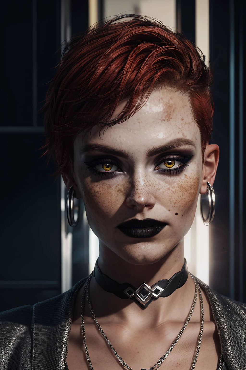 (masterpiece, photorealistic:1.4, extremely intricate:1.3), (photon mapping, radiosity, physically based rendering, ultra resolution, hyper-realistic, 8K), BREAK (detailed 30 year old android woman, (((blackout gothic eye makeup, portrait) short ginger hair, shaved sides), determined expression)), green eyes, photorealistic, hyper-realistic, 8K
