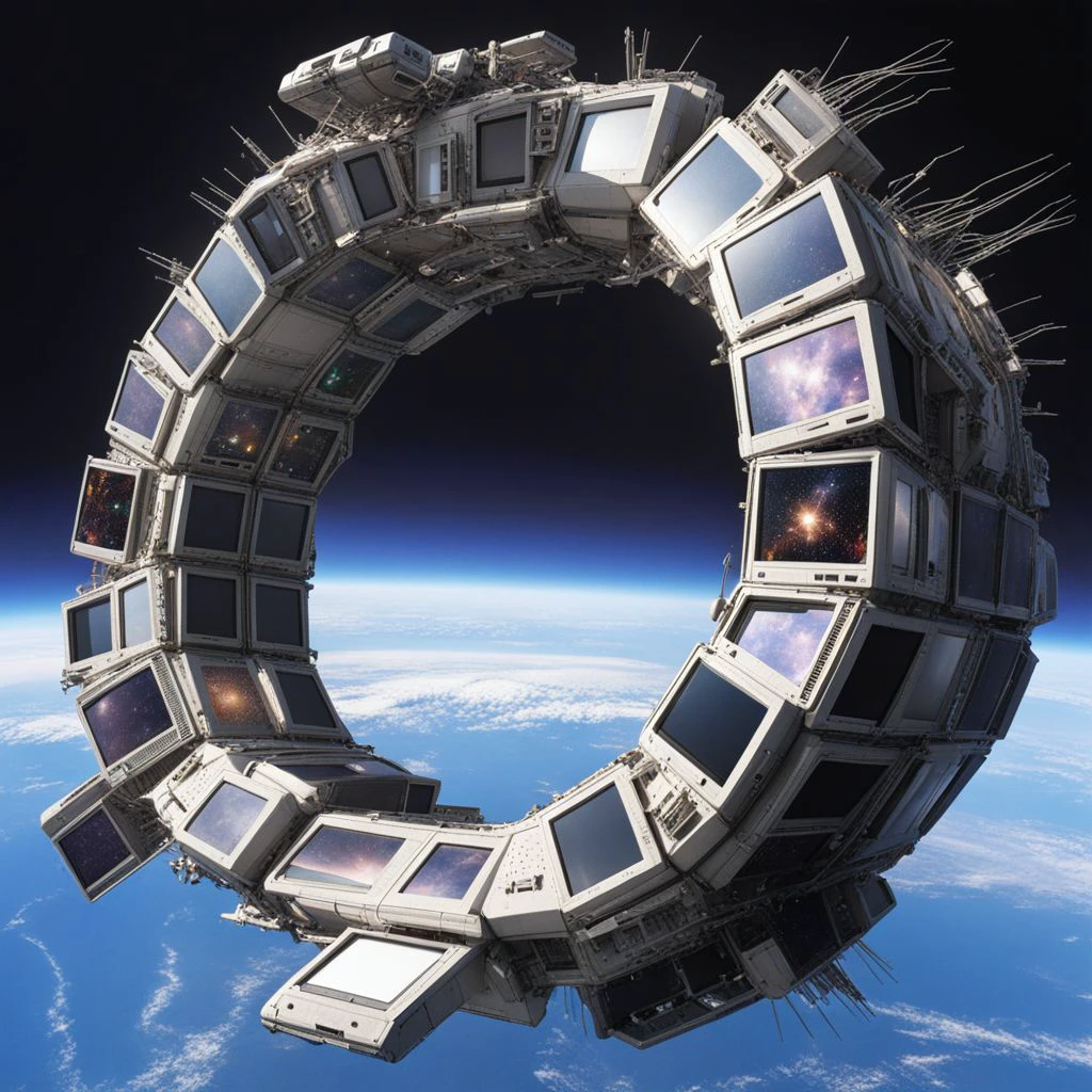 A photo a spaceship made out of old CRT screens orbiting earth in space <lora:Made_out_of_old_CRT_screens_-_SDXL_LoRA:0.8>