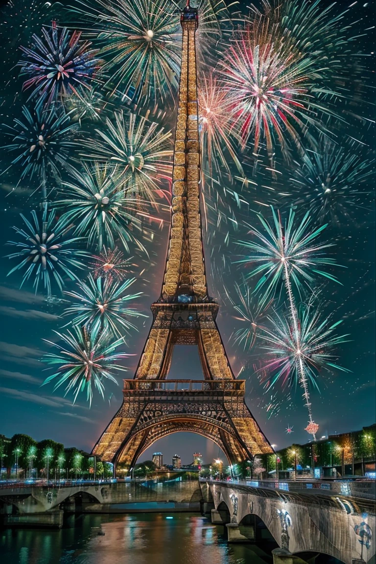 ((masterpiece,best quality)), <lora:Eiffel_Tower:0.8>, Eiffel_Tower, outdoors, sky, water, no humans, night, night sky, scenery, reflection, city, cityscape, watercraft, fireworks, bridge, river, castle, boat, aerial fireworks