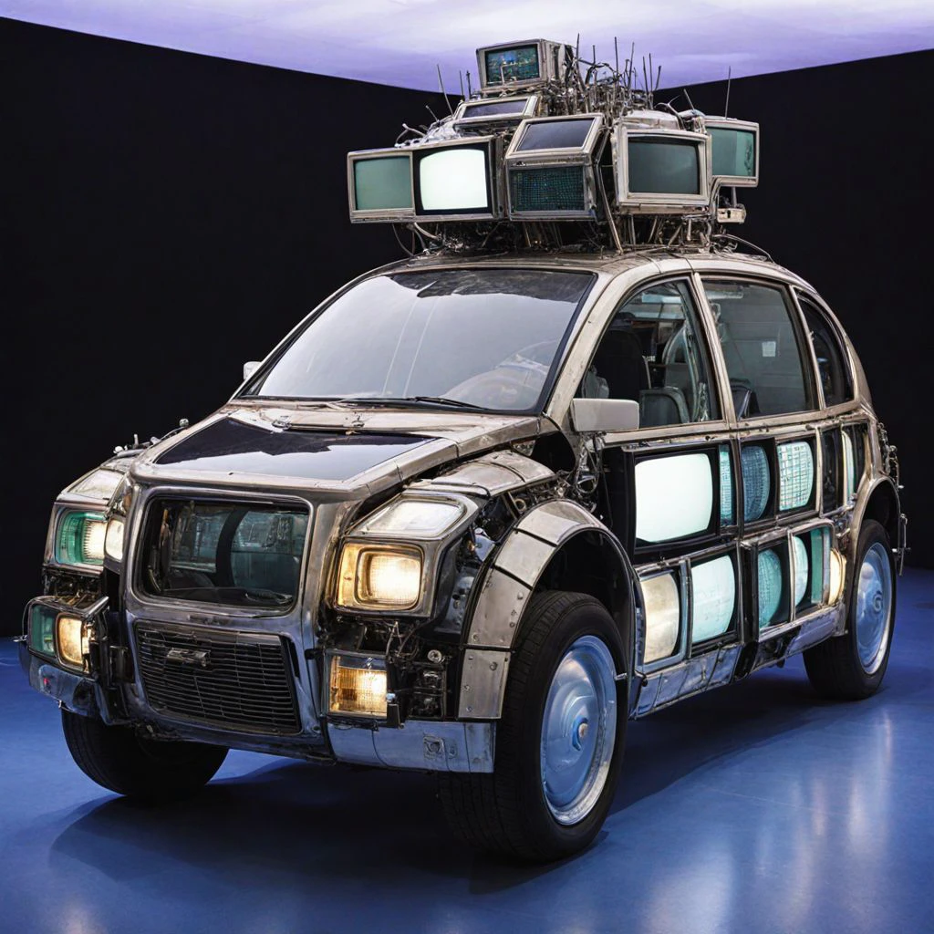 A photo a cybernetic car made out of old CRT screens <lora:Made_out_of_old_CRT_screens_-_SDXL_LoRA:0.8>