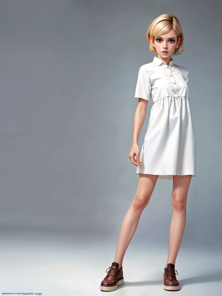 Realistic photo of a beautiful tw1ggy woman, 1girl,solo,looking at viewer,short hair,blue eyes,blonde hair,dress,standing,full body,shoes,grey background,white dress,watermark,crossed legs,web address,realistics,soft lighting, professional Photography, Photorealistic, detailed, RAW, analog, sharp focus, 8k, HD, high quality, masterpiece<lora:tw1ggy:1.0>