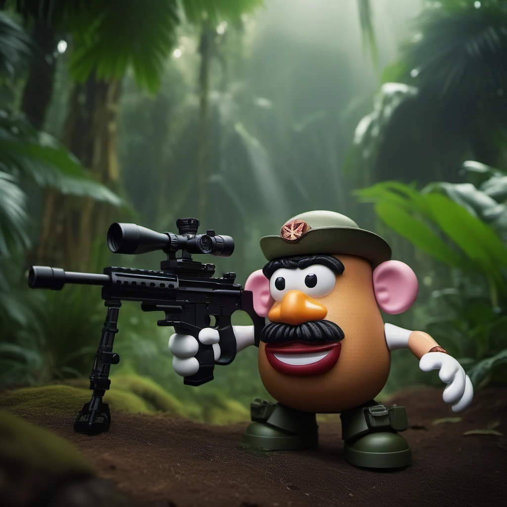 cinematic photo cinematic photo MrPotatoeHead1024 shooting machineguns in the jungle like rambo <lora:MrPotatoeHead1024-000150:0.8> . 35mm photograph, film, bokeh, professional, 4k, highly detailed . 35mm photograph, film, bokeh, professional, 4k, highly detailed