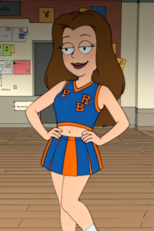 <lora:lisasilver:0.8> lisasilver, brown hair, 1girl, cheerleader, smile, skirt, shoes, lipstick,looking at viewer, smile, hand on hip,