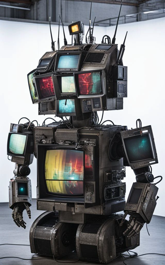 A photo of an evil robot made out of old CRT screens <lora:Made_out_of_old_CRT_screens_-_SDXL_LoRA:1>