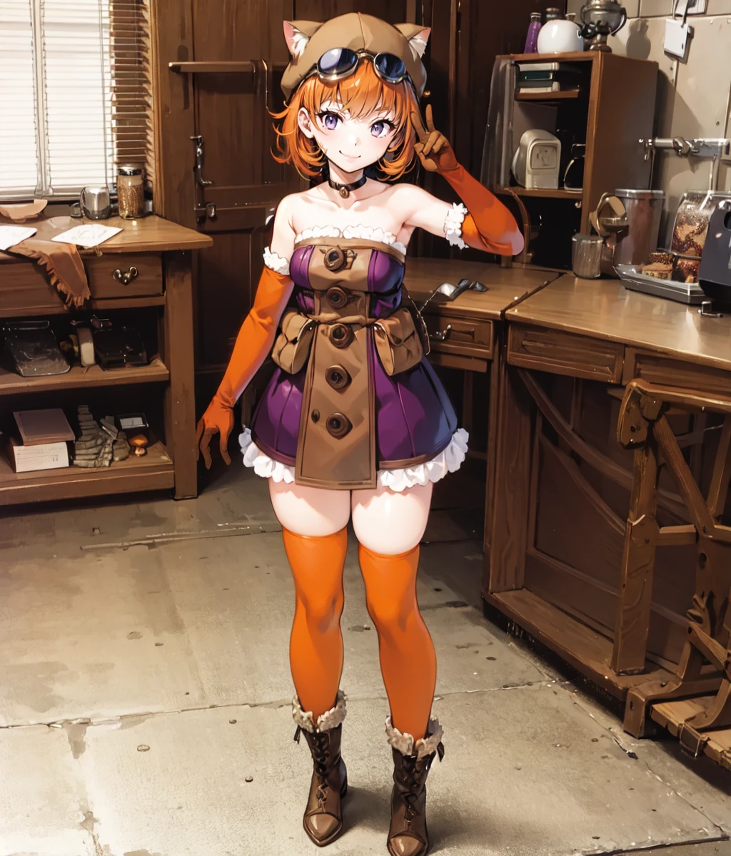 masterpiece, anime screencap, 1 girl, solo, smile, orange hair, brown cat cap, googles on head, red chocker, purple dress, stripped elbow gloves, stripped thighhighs, gloves, boots, ok gesture, standing, full body, workshop, indoors, <lora:Lu:1>