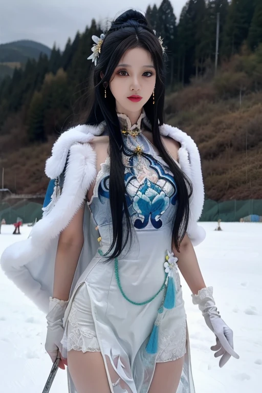 ltra-detailed,highly detailed,best quality,masterpiece,illustration,realistic,photorealistic,
guqinghan,cangyugezhu, 1girl, solo,
chinese clothes, china dress, gloves, fur trim, side slit, cape, shawl,
jewelry, earrings, tassel,
black hair, long hair, hair bun, hair ornament, hair flower,
looking at viewer, cowboy shot, adjusting hair,
outdoors, winter, snow, flower,
<lora:guqinghan cangyugezhu_v1_04:0.7>