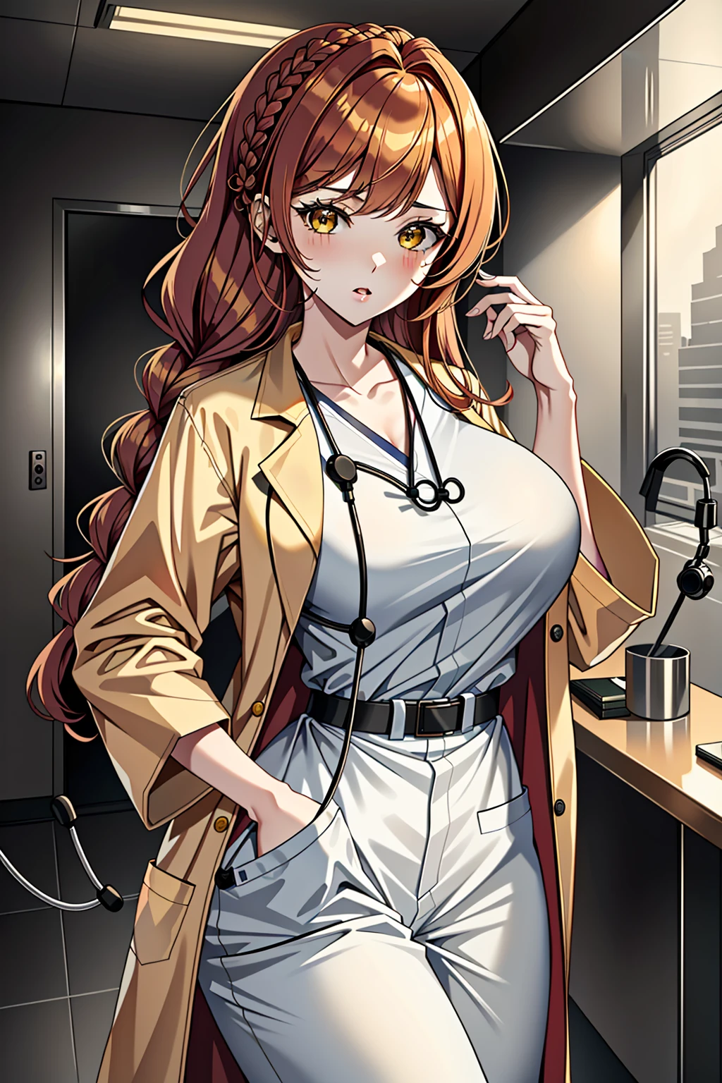 ((masterpiece, best quality, high quality)),1girl,  <lora:Lydia Granger:0.7> (lydia granger, oc 07, 1girl, long hair, large breasts, yellow_eyes, red_hair, swept bangs, crown braid), <lora:Doctor Uniform V2:0.8> (doctor_uniform, labcoat, stethoscope, doctor),