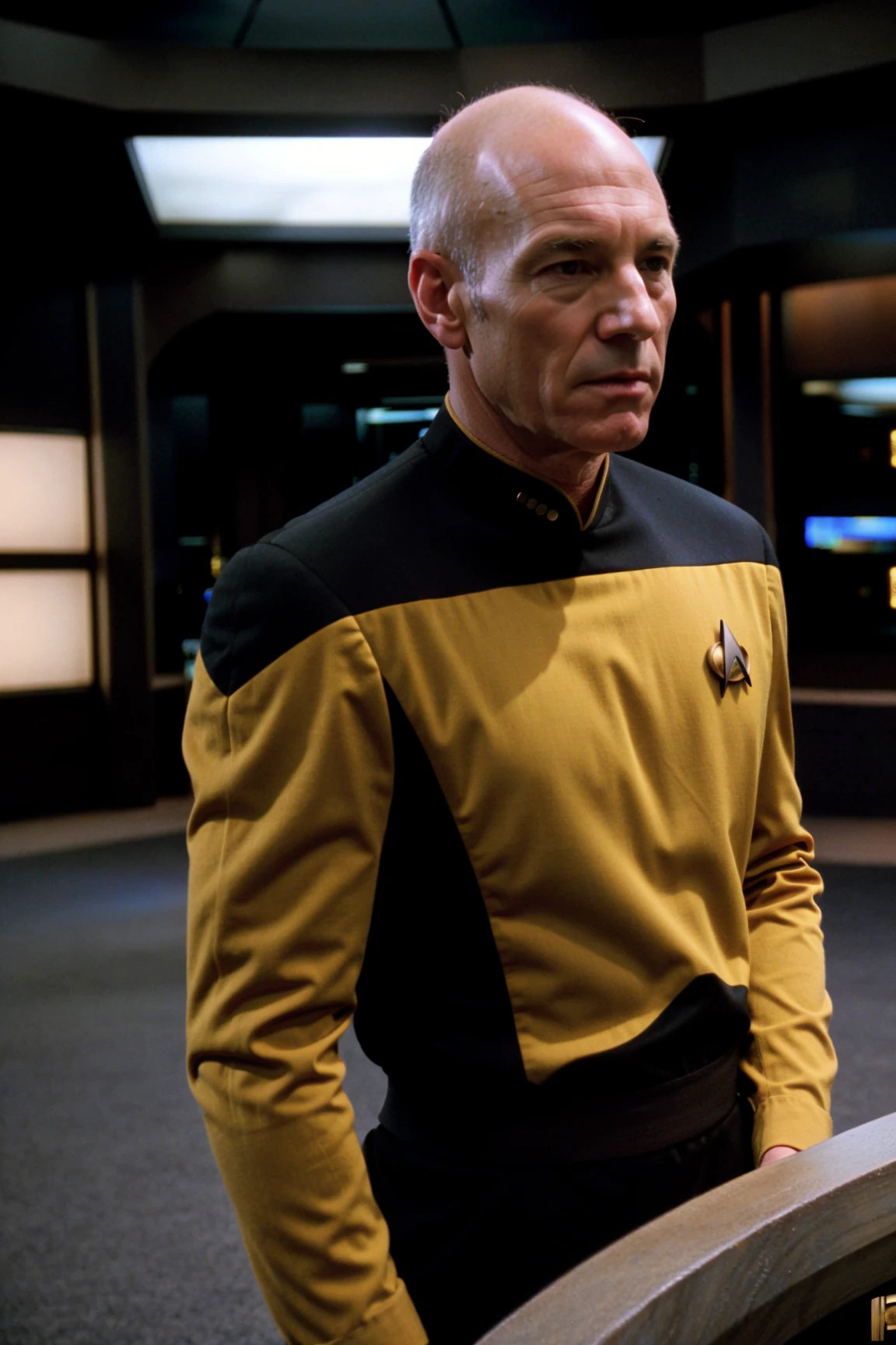 pckd in yellow s3stngunf,enterprisebridge,professional photograph of a stunning man detailed, sharp focus, dramatic, award winning, cinematic lighting, octane render, unreal engine, volumetrics dtx, (film grain, bokeh, blurry foreground, blurry background)<lora:TNGS3Standalone:0.8>