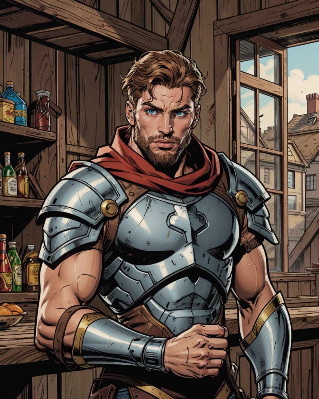 comic artwork of a rugged man, full beard, armor, royal knight, tabard, tavern interior background, epic, dynamic shadows, cinematic lighting, daylight, warm summer day, <lora:detail_slider_v4:1.25>, <lora:colorify:0.5>, upper body, crosshatching, 2D, Sharp, Detailed, HD, HDR, High Quality, High Resolution, Masterpiece