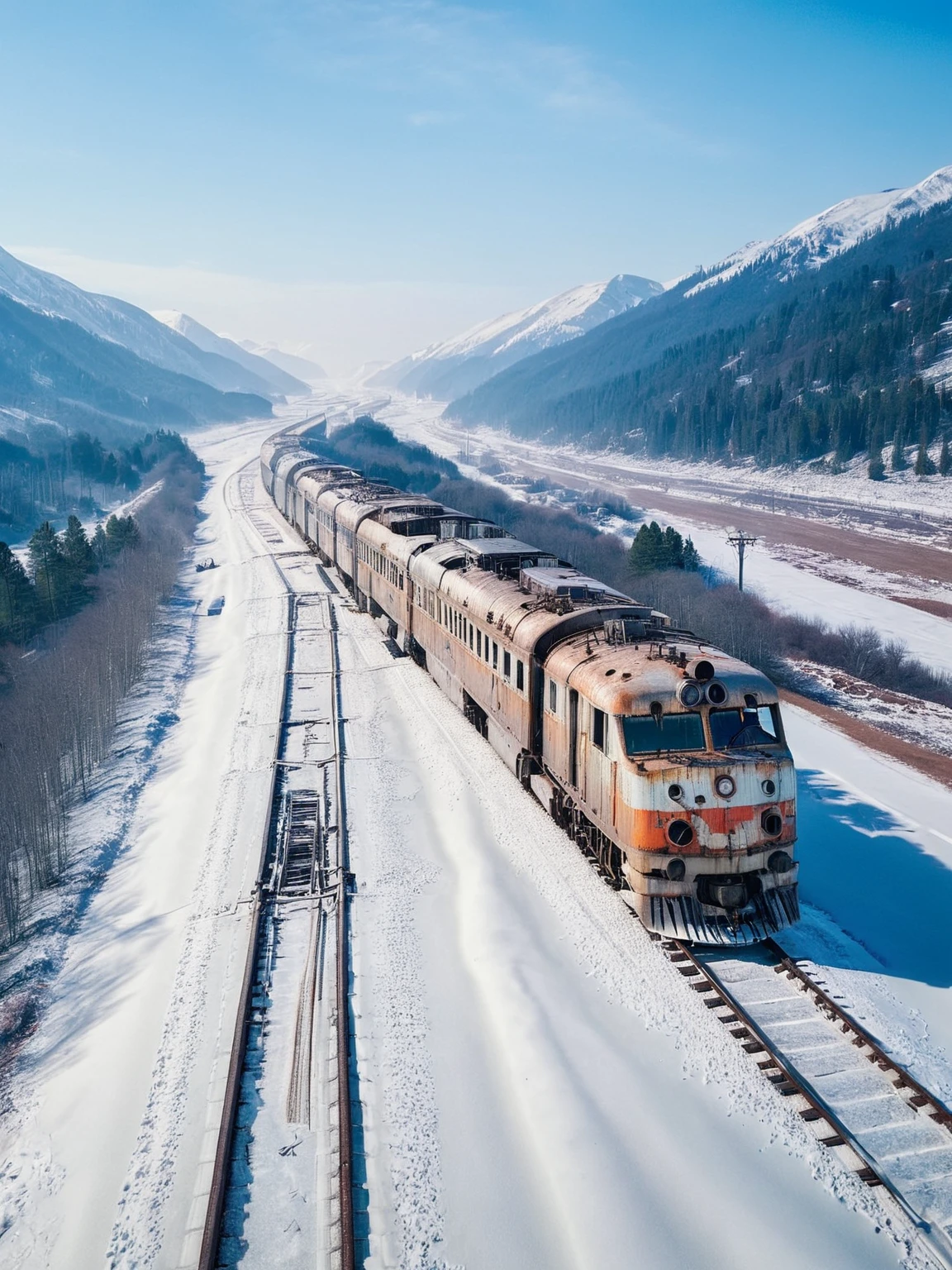 An ais-abandz train in a wintry expanse <lora:Abandoned_SDXL:1>,4k, uhd,masterpiece