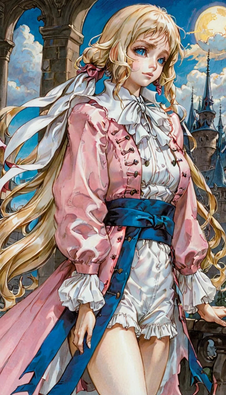<lora:castlevania_ayami_kojima_xl:0.8>,
castlevania_ayami_kojima_xl, castlevania, 1girl, maria renard, blonde hair, blue eyes, full body, long hair, low-tied long hair, low ponytail, long sleeves, detailed illustration, puffy long sleeves, white puffy sleeves, pink jacket, blue sash, ribbon, shoes, french attire, solo, white legwear, tiptoes, looking back, lookin over shoulder, official art, concept art, sunlight, sunbeam, outdoors,
very aesthetic, highres, 4k, 8k, intricate detail, cinematic lighting, amazing quality, amazing shading, extremely detailed eyes and face, beautiful detailed eyes,
from behind, spinning, floating hair, dynamic pose, turning around,
<lora:aesthetic_anime_v1s:1>
