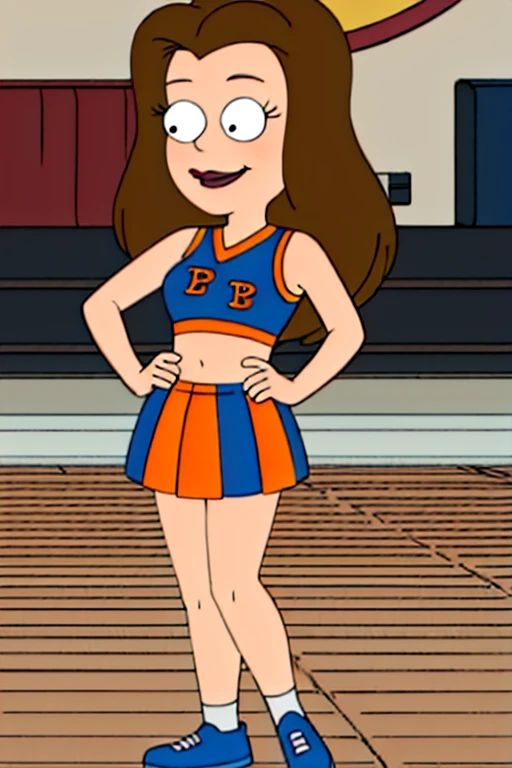 <lora:lisasilver:0.8> lisasilver, brown hair, 1girl, cheerleader, smile, skirt, shoes, lipstick,looking at viewer, smile, hand on hip,