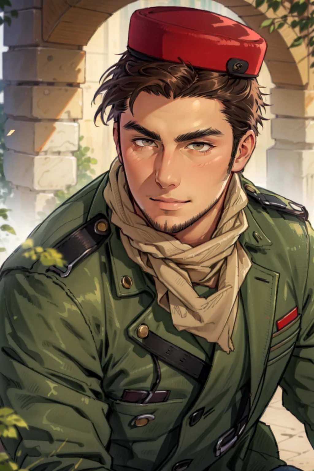 (1 image only),  solo male,  1boy,  Sadik Adnan,  Turkey,  Hetalia: Axis Powers,  Turkish male,  olive-skinned,  facial hair,  chinstrap stubble,  sideburns,  shaved philtrum,  hairless philtrum,  brown eyes,  thick dark eyebrows,  brown hair,  short hair,  long green coat,  brown pants,  knee-high boots,  tan scarf,  black gloves,  grin,  handsome,  mature,  charming,  alluring,  upper body in frame,  perfect anatomy,  perfect proportions,  8k,  HQ,  (best quality:1.2,  hyperrealistic:1.2,  photorealistic:1.2,  masterpiece:1.3,  madly detailed photo:1.2),  (hyper-realistic lifelike texture:1.2,  realistic eyes:1.2),  high_resolution,  perfect eye pupil,  dutch angle, perfecteyes,  red fez hat,<lora:EMS-287390-EMS:0.700000>,<lora:EMS-498-EMS:0.300000>