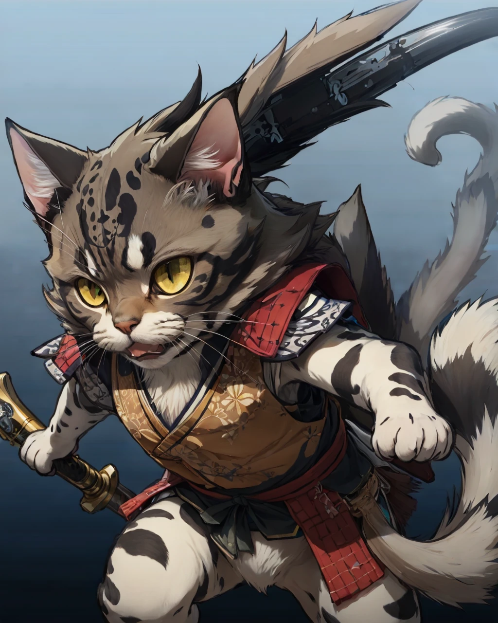 best quality,masterpiece,highly detailed,ultra-detailed,
<lora:neg4all_bdsqlsz_V3.5:-1>,
<lora:Nobunyaga:1> nobunyaga, solo, cat, weapon, animalization, animal