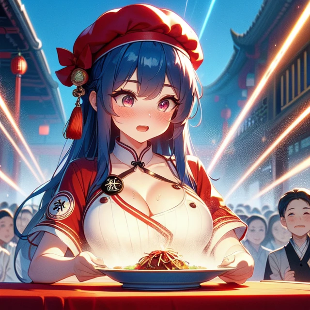 (((masterpiece))), (((best quality))), (((chūka ichiban))), (((glowing chinese cuisine))), ((laser beam shoots from center in all directions)),((holding plate)), ((red beret hat)), ((red qipao)), ((china palace)), ((square table)), ((countless crowd)), (((outdoor))), solo, 1girl, cleavage, (((big tits))), collarbone, ribbon, blue hair, longhair, open mouth, sweat, shy, blush, slim figure, <lora:girllikechūkaichiban:1>