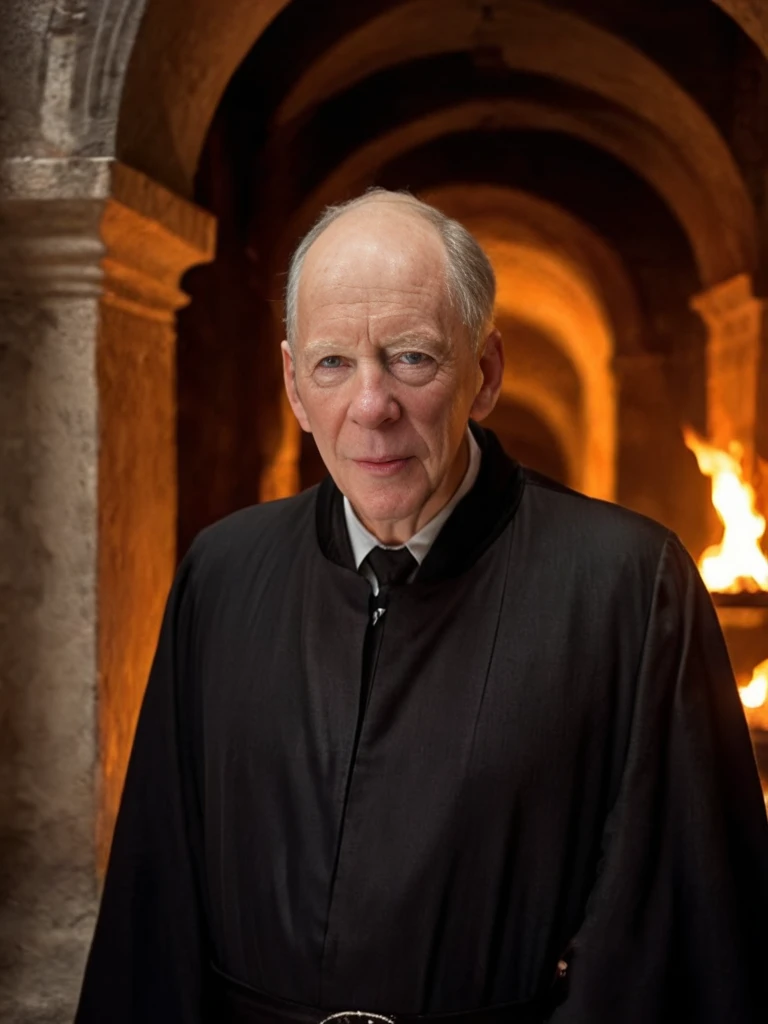 cinematic film still Jacob Rothschild wearing a dark robe inside dark catacombs, glowing eye of fire in the background is the only light source <lora:JacobRothschildXL-128:1> . shallow depth of field, vignette, highly detailed, high budget, bokeh, cinemascope, moody, epic, gorgeous, film grain, grainy