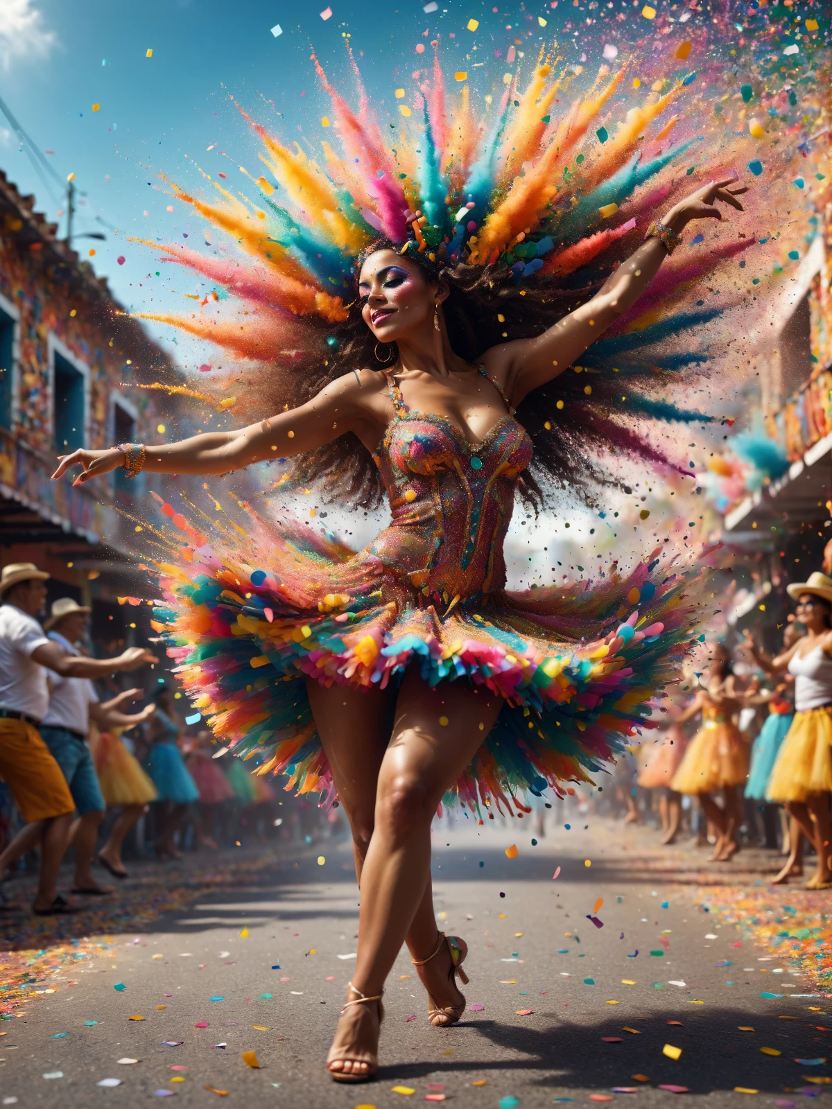 brazilian woman dancing on street during carnival, dynamic pose <lora:Confetti_Explosion_SDXL:0.80> mad-confetti-explosion, (masterpiece:1.2), best quality, (hyperdetailed, highest detailed:1.2), high resolution textures