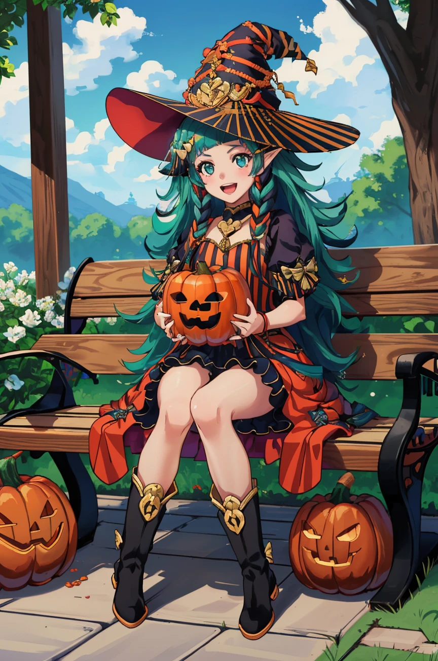 masterpiece, 1girl, bench, looking at viewer, smile, open mouth, excited, holding pumpkin, candy, <lora:SothisFE3H-FEH-bsinky-v1:0.85> hlwnSothis, very long long hair, hair ornament, witch hat, dress, bow, striped, short sleeves, hair ribbon, pointy ears, boots, outdoors