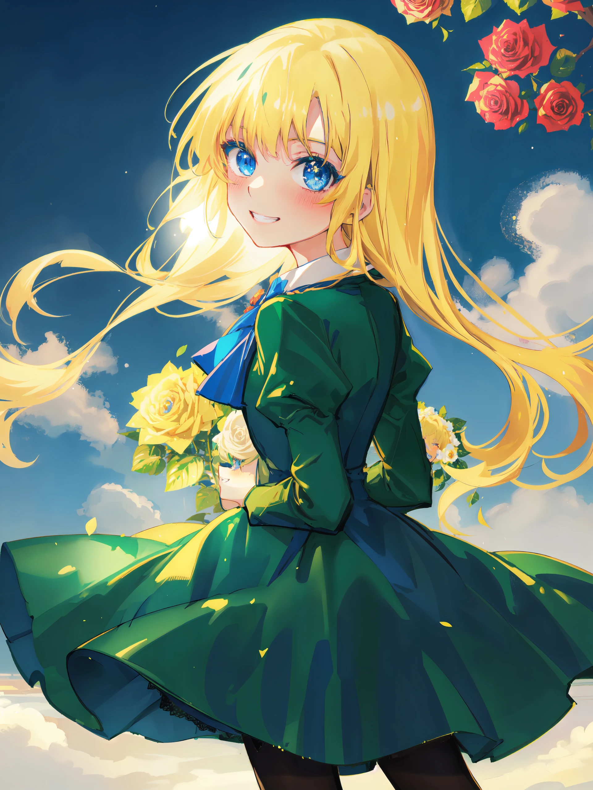 <lora:Mary2:0.8> MaryGuer, blue eyes, green dress, black pantyhose, blonde hair, 1girl, upper body, grin, looking at viewer, blush, flower, rose, outdoors, night, star \(sky\), looking back, best quality, masterpiece, highres, high quality, holding flower