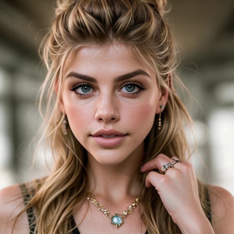 a photo of mar1na-001,blurry background, depth of field, jewelry, looking at viewer, necklace, parted lips, realistic, ring, solo, upper body, wedding band, wedding ring. PA7_Human-Likeness