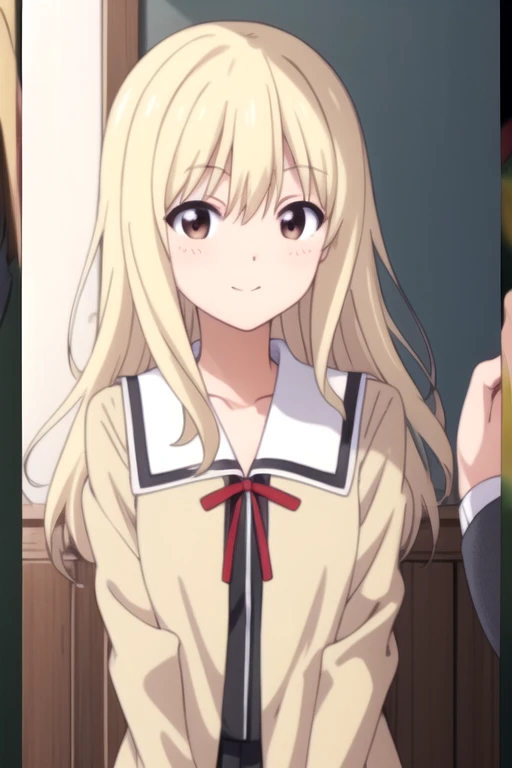 ((masterpiece)),(best quality),official art,extremely detailed CG,unity 8k wallpaper,ultra detailed,beautiful detailed eyes,extremely detailed face,1girl,solo,upper body,(portrait:1.5),looking at viewer,facing viewer,smile,blush,blonde_hair,sidelocks,bangs,brown_eyes,collarbone,school_uniform,beige jacket,open jacket,neck_ribbon,red_ribbon,black dress,medium breasts,long sleeves,black skirt,pleated skirt,zettai ryouiki,white thighhighs,loafers,<lora:Sumino Sayaka(ag)>,