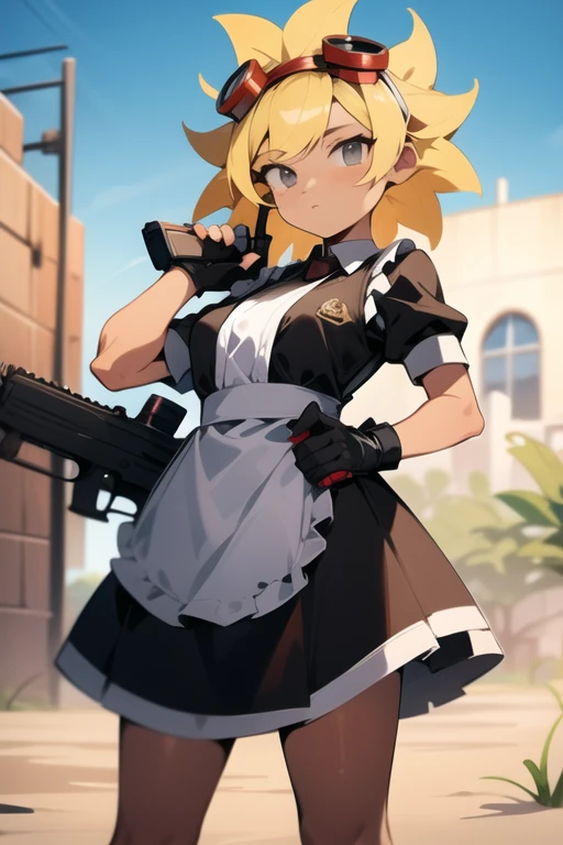 <lora:solarflare-06:1> solarflare, holding gun, maid outfit, wearing maid outfit, holding ak-47 gun, desert background, masterpiece, best quality