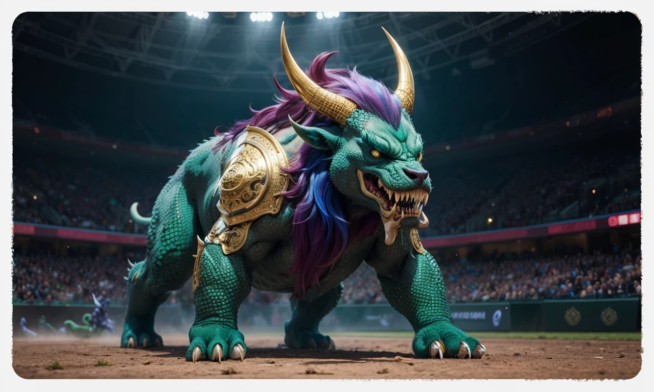 Nian2024, green monster, new york, trending on arstation, 4 legs, horns, vibrant colors, ferocious, gold, armor, colorful, green scales, tail, ornate, claws, tusks, mane
