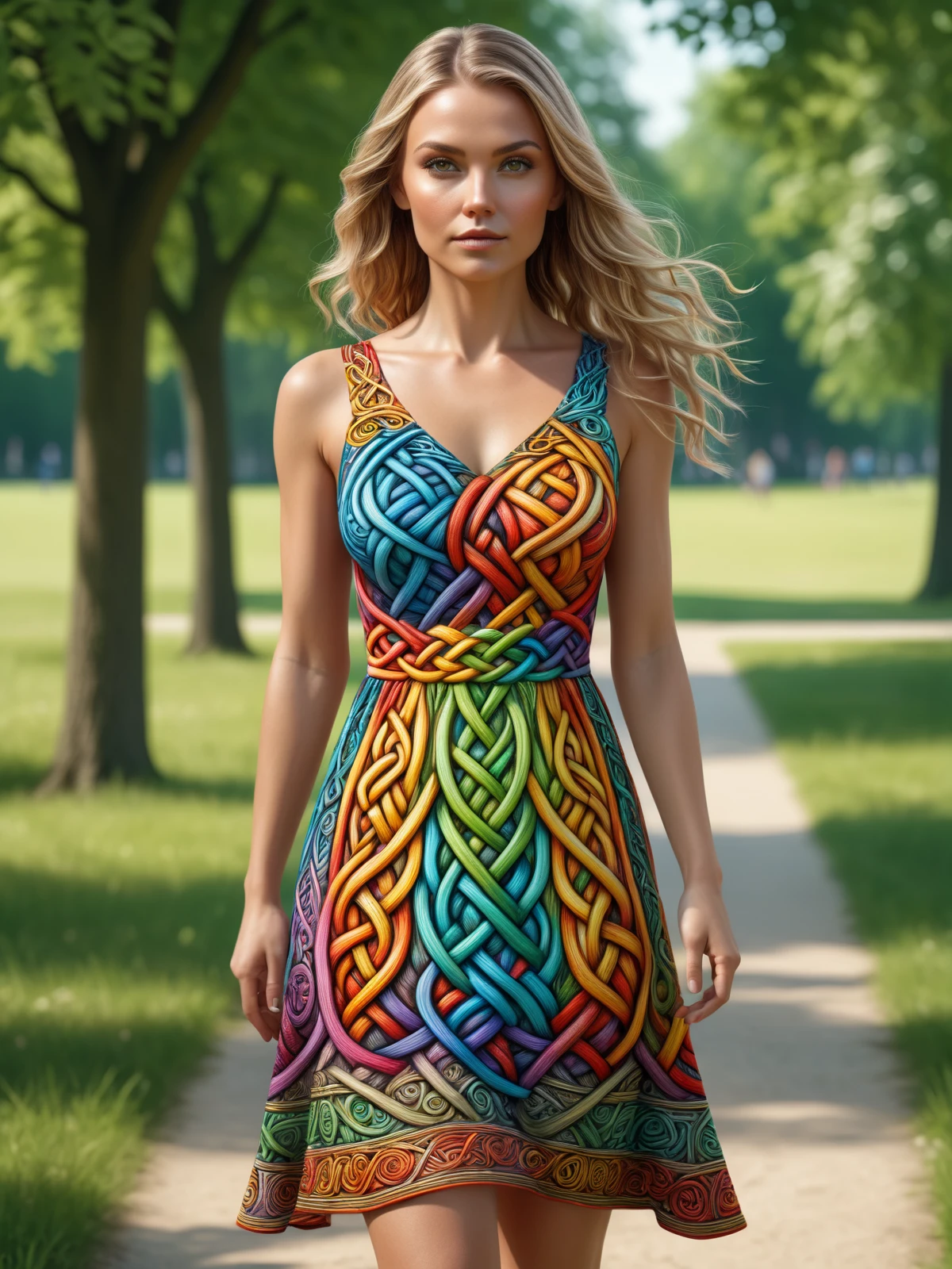 woman wearing a colorful mad-viking-knot summer dress walking through park, dynamic pose<lora:Colorful_Viking_Knot_SDXL:0.5>, (masterpiece:1.2), best quality, (hyperdetailed, highest detailed:1.2), high resolution textures