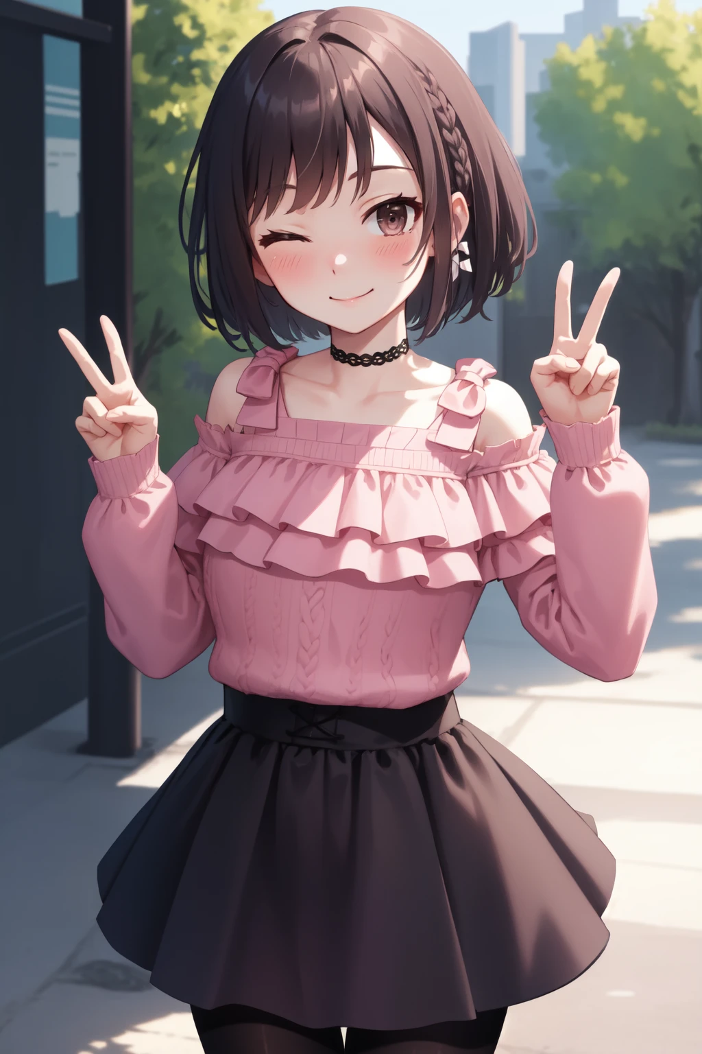 masterpiece, best quality, highres, sesekai, bow, hair ribbon, choker, black choker, bare shoulders, pink shirt, frilled shirt, long sleeves, frills, jirai kei, striped, skirt, black skirt, black pantyhose, cowboy shot, smile, outdoors, one eye closed, closed mouth, peace sign, blush<lora:ShinonomeEna-08:0.9>