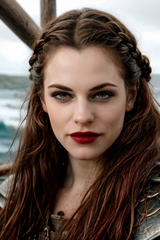 Professional photograph of JDG Woman, d&d fantasy setting, ((close up, portrait)), as a viking warrior, wearing leather armor, braided hair, (full viking outfit). She's a norse raider, standing at the prow of a viking longship, looking at the viewer, smiling, smirking. Adventurer barbarian, muscular body. Long black hair. Background is wild ocean, storm, raining, dark clouds, epic sailing voyage, other vikings on the ship. 4k, 8k, masterpiece, highest quality, bokeh, absurdres <lora:Jessica De Gouw 1.0 by Mal-1716:1> <lora:adventurer2.0-6:0.4> <lora:add_detail:1> red lipstick, eyeliner, brow risen