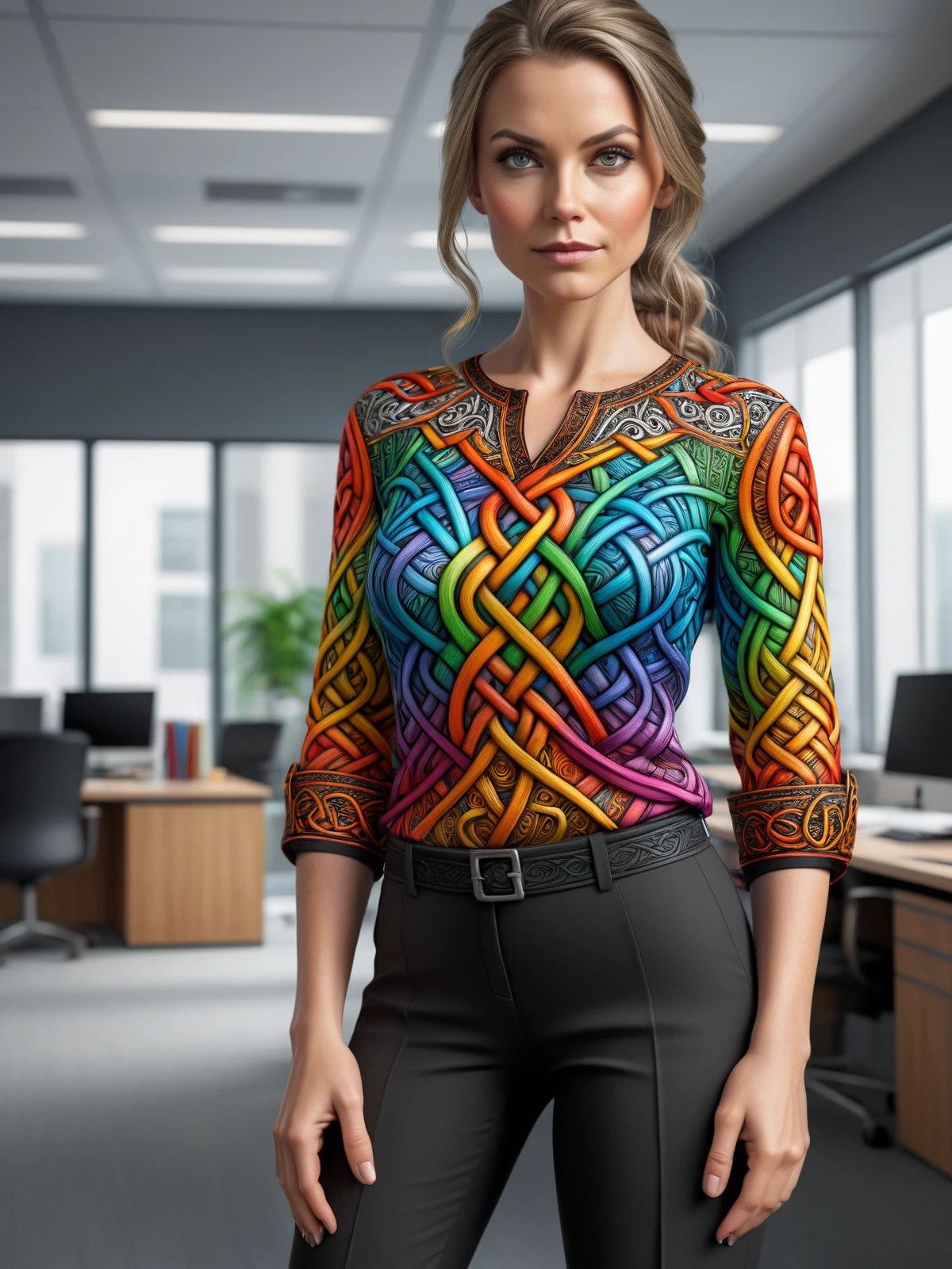 woman wearing a colorful mad-viking-knot blouse and black capris standing in (office:1.4), dynamic pose  <lora:Colorful_Viking_Knot_SDXL:0.6>, (masterpiece:1.2), best quality, (hyperdetailed, highest detailed:1.2), high resolution textures