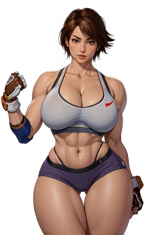 masterpiece,best quality,extreme detail,8k,<lora:asuka:0.6>,white background,asukakazama2, 1girl, solo, breasts, short hair, large breasts, brown hair, gloves, navel, cleavage, brown eyes, underwear, panties, thighs, shorts, midriff, fingerless gloves, bra, lips, thigh gap, toned, sports bra, nose