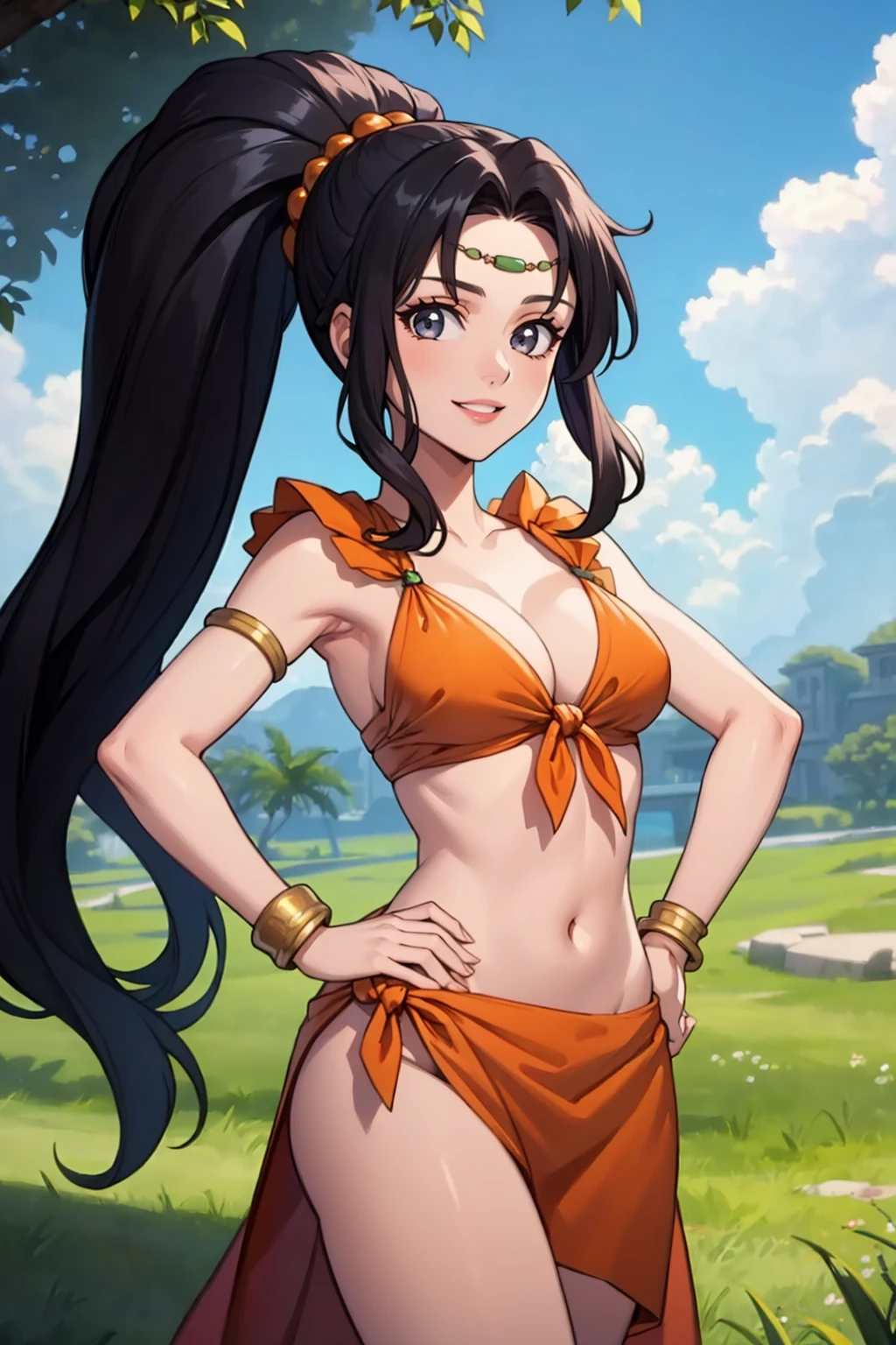 masterpiece, best quality, solo, 1girl, looking at viewer, smile, <lora:Laylea_Fp:1>, layleafe, midriff, ponytail, circlet, sarong, jewelry, cleavage, hand on hip, outdoors,