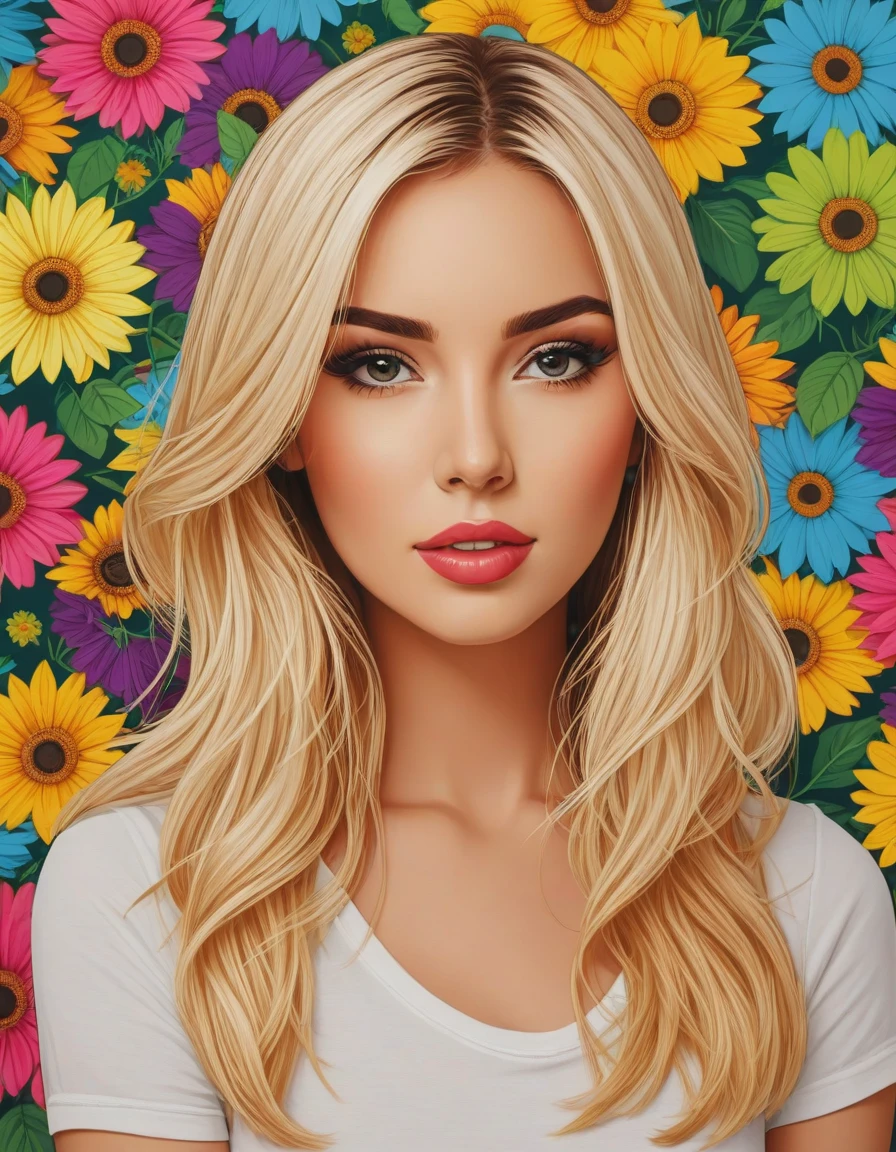 attractive, pop art <lora:dare_attractive_pop_art:0.8> BREAK Luna from Mexico, medium (shoulder-length:1.2) straight [blonde:rainbow:.3] hair, country cottage, quaint charm, flower-filled garden, cozy