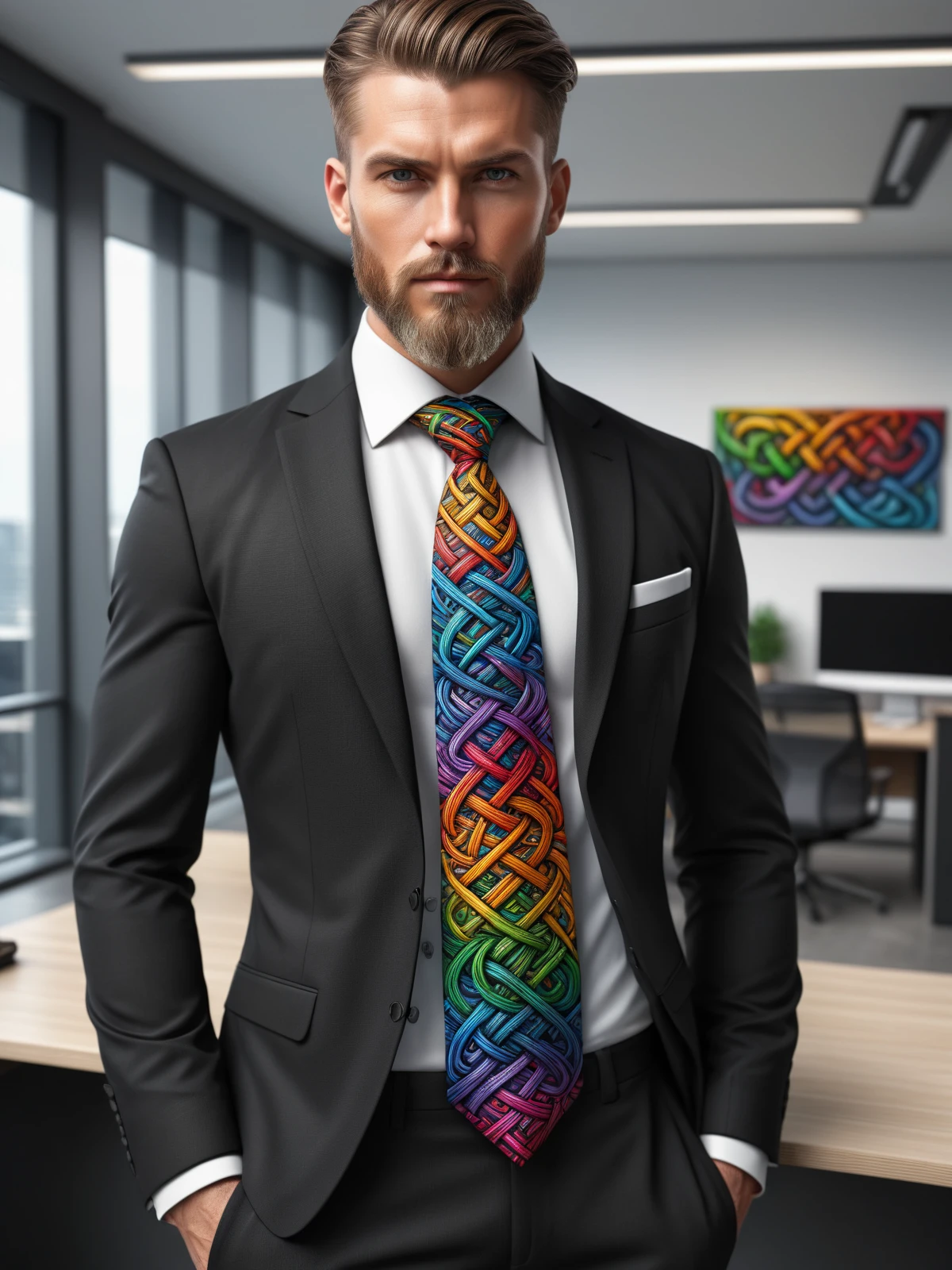 man wearing a colorful mad-viking-knot necktie and white shirt and black suit in office<lora:Colorful_Viking_Knot_SDXL:0.5>, (masterpiece:1.2), best quality, (hyperdetailed, highest detailed:1.2), high resolution textures