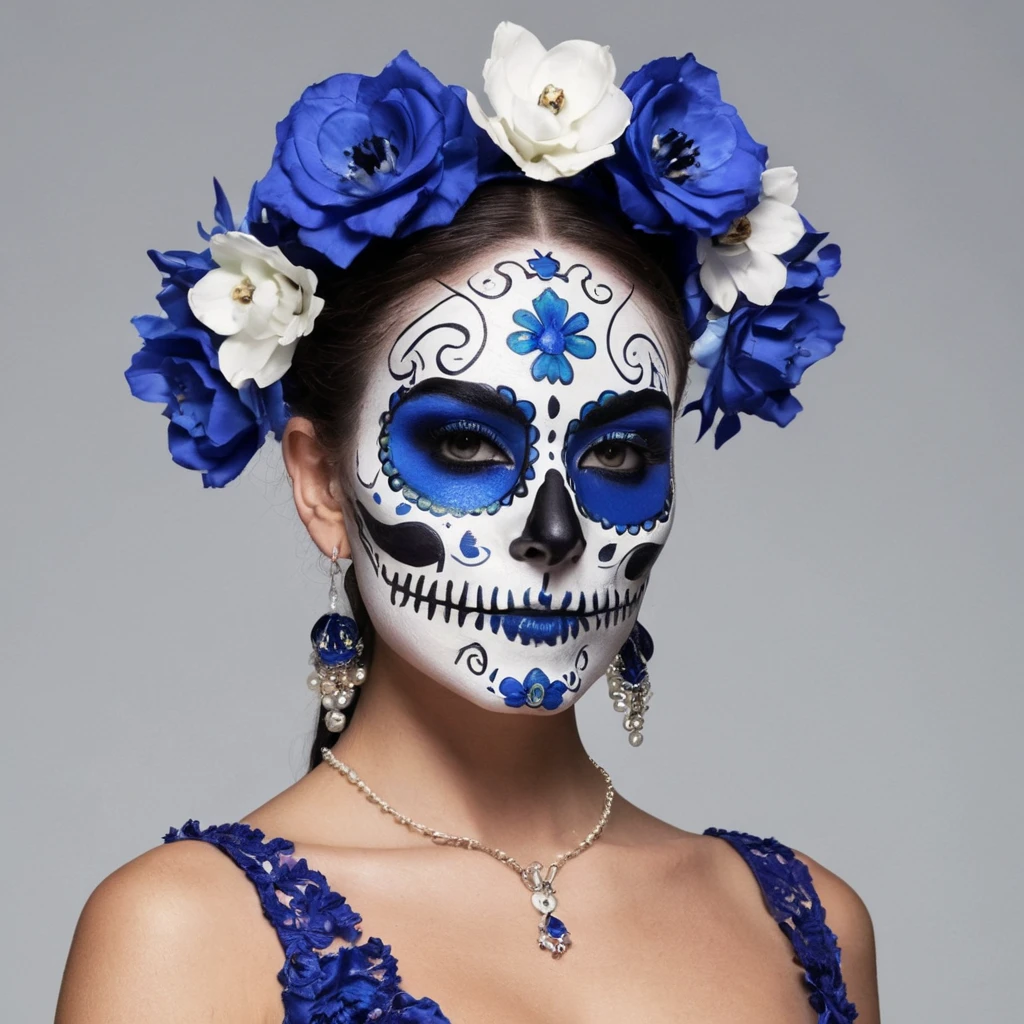  ((blue and white t1 skull makeup,mexican talavera dress)).flower crown:1,sexy