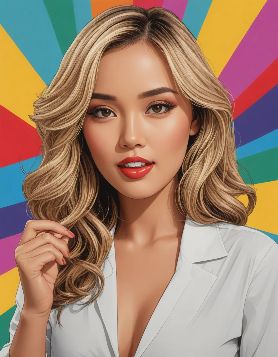 attractive, pop art <lora:dare_attractive_pop_art:0.8> BREAK Bianca from Philippines, medium (chin-length:1.2) wavy ash-blonde hair, tournament herald, trumpets sounding, colorful banners, announcing events, lively personality