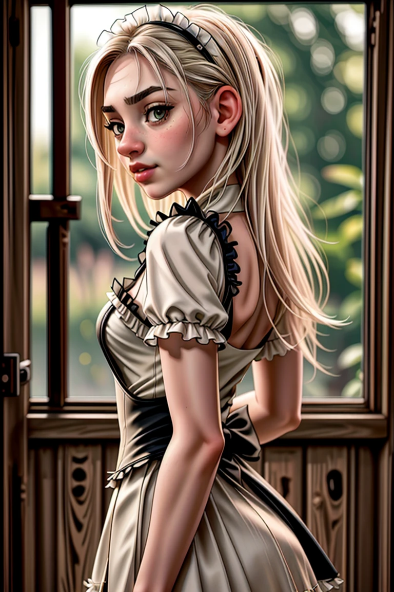 RAW photo, tv_Jane_Blonde_MXAI_V1 ,  neutral expression,standing,  wearing french maid costume , camp site,  pale skin, shot from the side, full body shot,  flirting with the camera, instagram pose, photo, f1.4, 40mm,  raw, 8k, textured skin, skin pores, intricate details,  PA7_Photo <lora:detail_slider_v4:0.7>