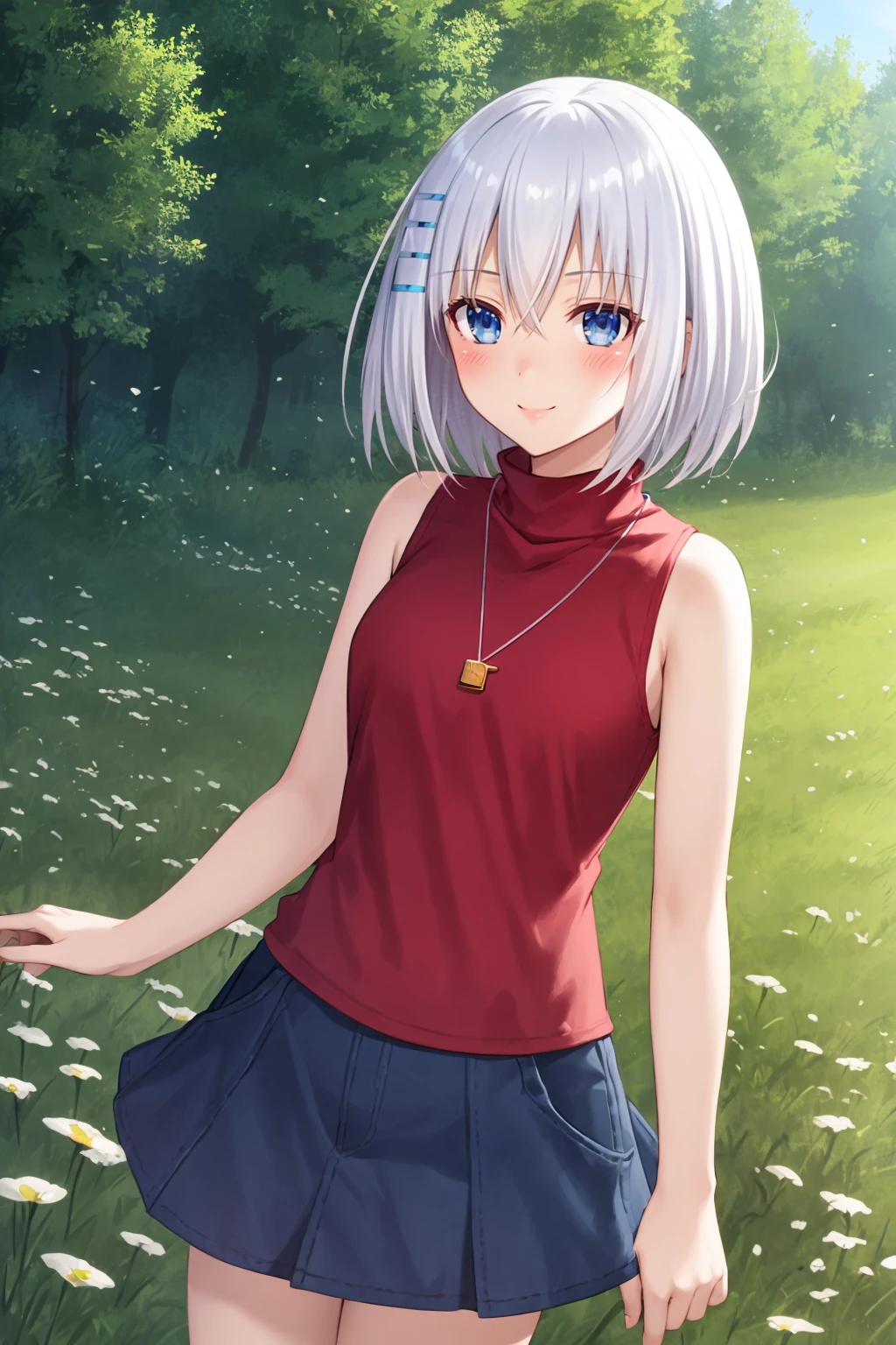 masterpiece, best quality,
1girl, tobiichi, white hair, hair between eyes, short hair, bangs, blue eyes, hair ornament,
necklace, skirt, sleeveless, turtleneck,
smile, blush, solo, looking at viewer, grass, blue sky, meadow background <lora:OrigamiTobiichi:1>