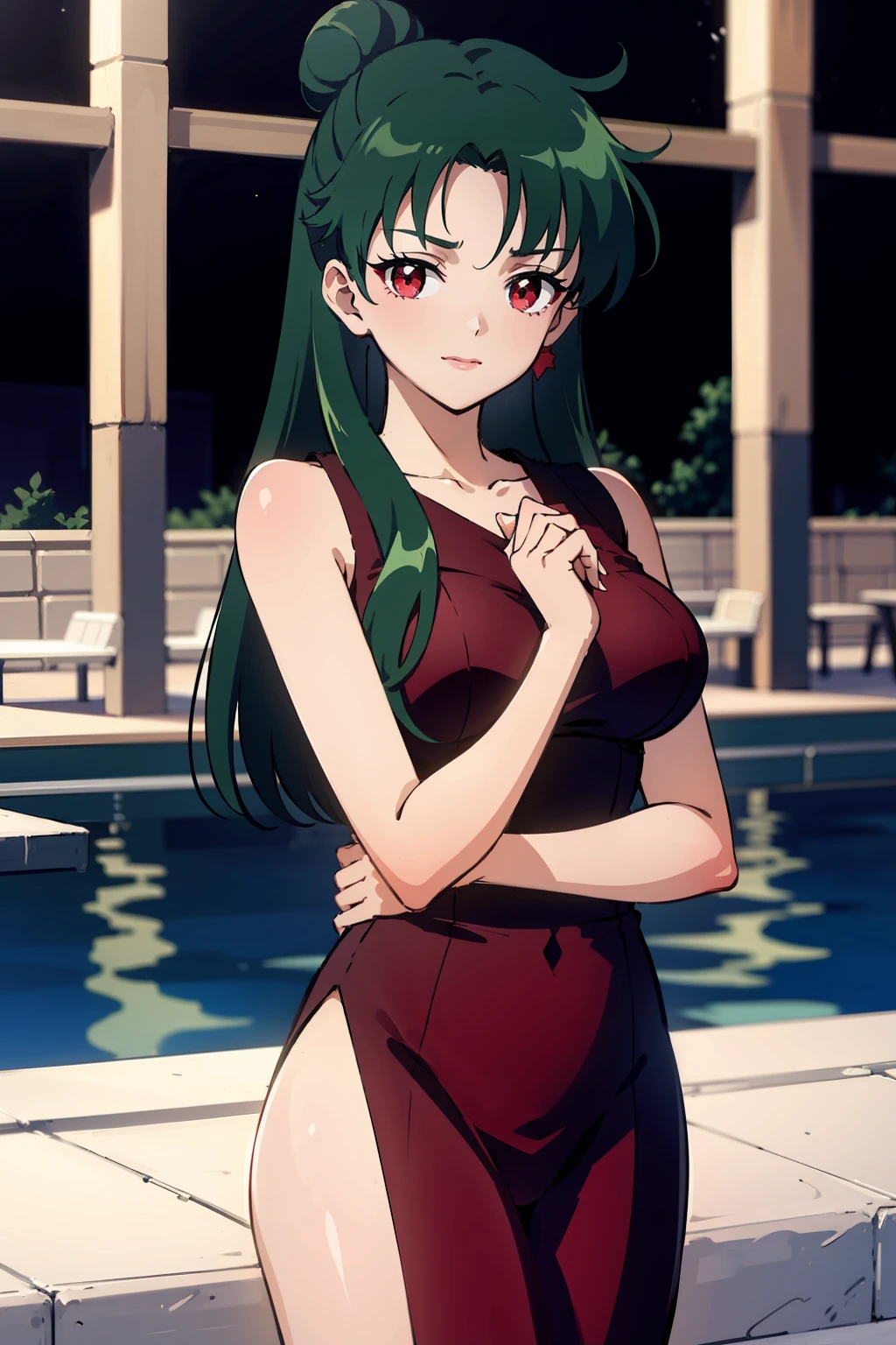 (masterpiece), 1girl, solo, perfect sexy female body, anime screencap,1990s \(style\), (art by Naoko Takeuchi), looking at viewer,<lora:EPsmPluto-08:0.7>, EPsmPluto, 1girl, green hair, grey bow, hair bun, sing, long hair, looking at viewer, red eyes,star
BREAK
perspective, pool, night, own hands together, halloween costume, naughty smile
