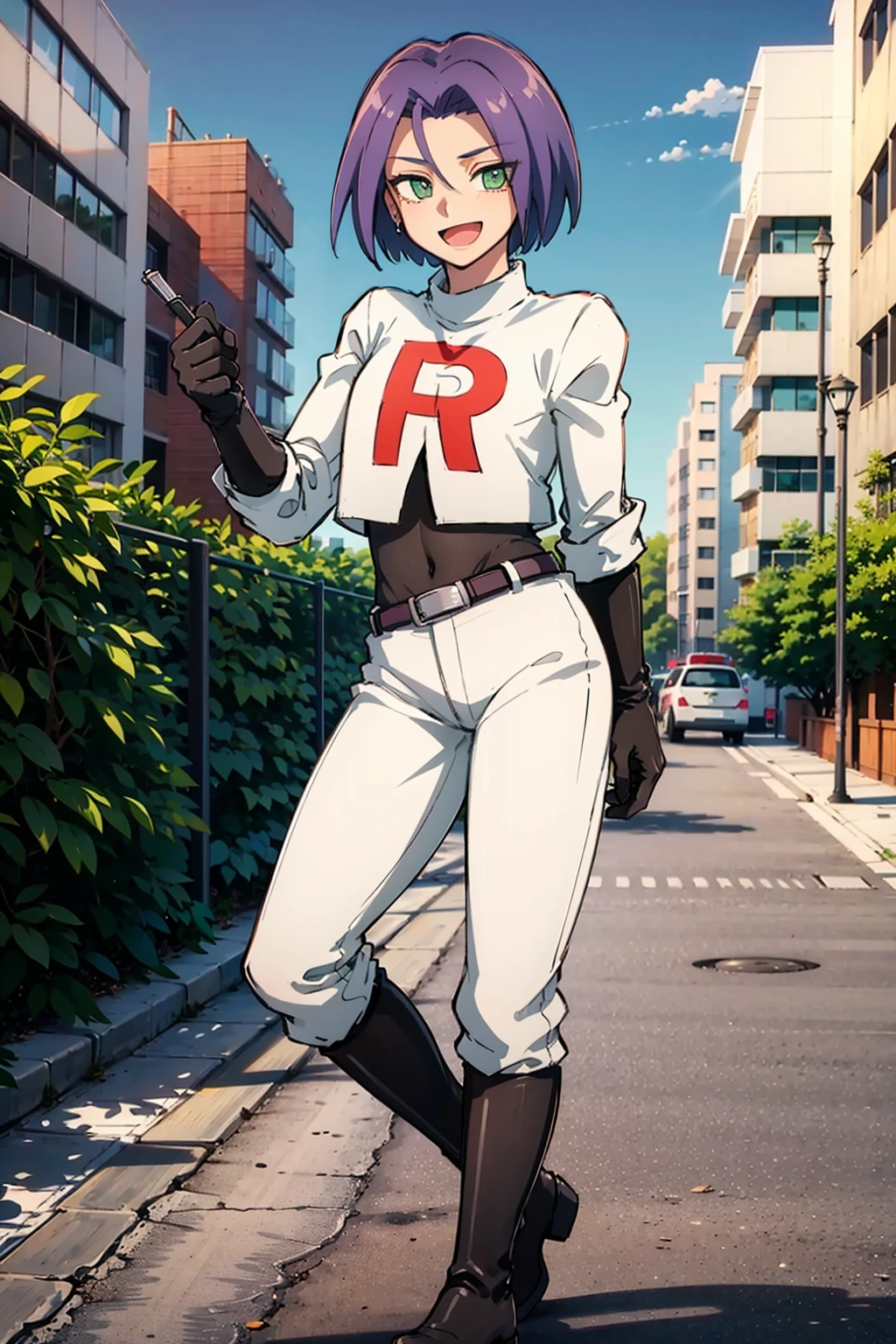 masterpiece, highres, absurdres, high quality,best quality, 1boy, solo, looking at viewer,city, street, sidewalk, taxi, skyscraper,<lora:EPpkJames-07:1.0>, EPpkJames, short hair, blue hair, green eyes, :d, belt, belt buckle, black footwear, black gloves, black shirt, boots, buckle, elbow gloves, gloves, jacket, jewelry, long hair, open mouth, pants, p purple belt, purple hair, red hair, shirt, smile, team rocket, thigh boots, white jacket, white pants