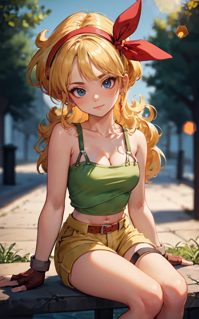((masterpiece, best quality)), insaneres, absurdres, solo, looking at viewer,
BlondeHair_BadLaunch_ownwaifu,
1girl, long hair, blonde hair, curly hair, hair ribbon, blue eyes, medium breasts, red hairband, eyelashes, bangs,
green shirt, yellow shorts, crop top, midriff, fingerless gloves, cleavage, bare shoulders, navel, short shorts, collarbone, tank top, belt, brown gloves, thigh strap, bare legs,
outdoors, lens flare, depth of field, bokeh, vanishing point,
(sitting, head tilt)<lora:ANIME_DragonBall_Launch_ownwaifu:1>,