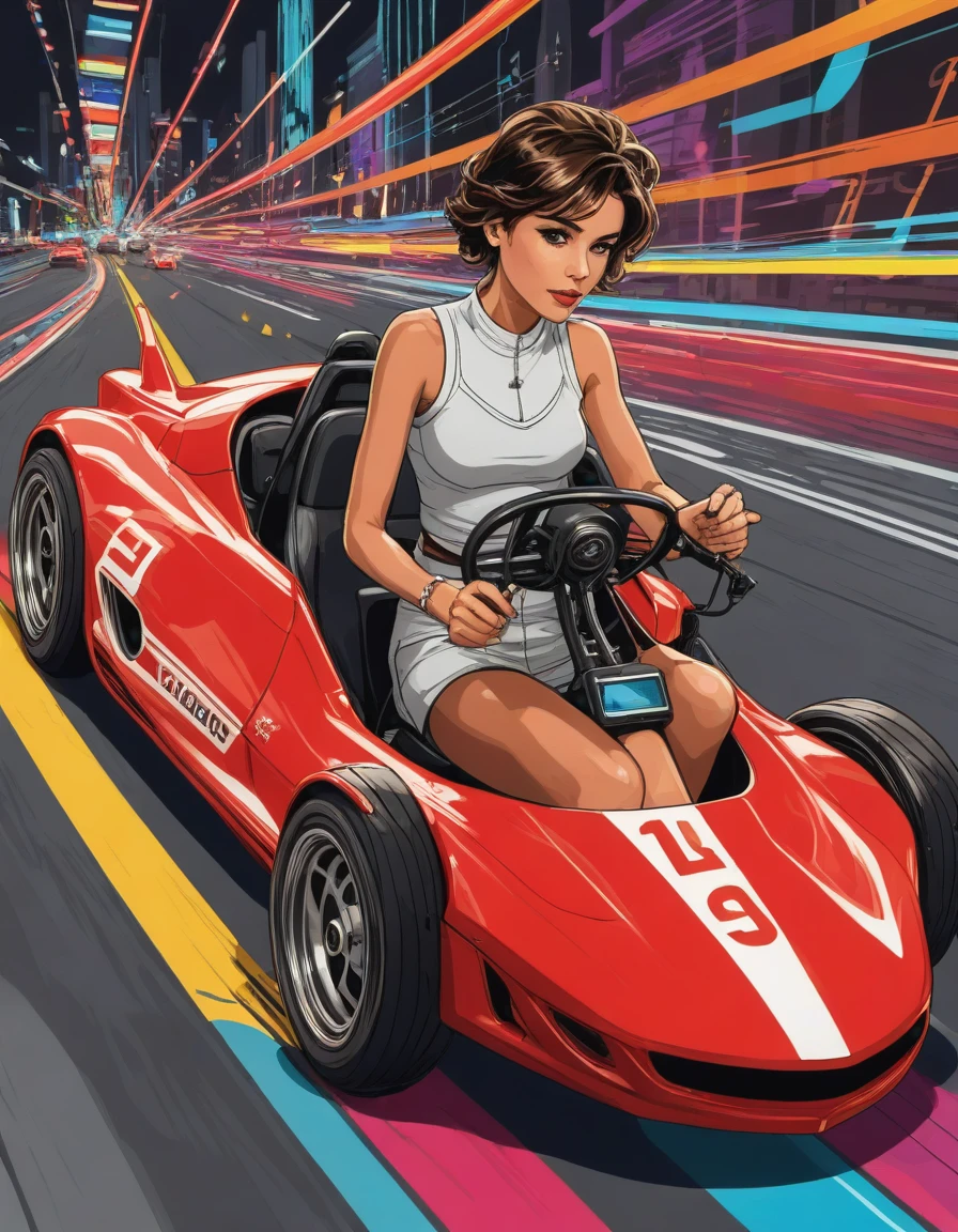 attractive, pop art <lora:dare_attractive_pop_art:0.8> BREAK Natalia from Colombia, short pixie-cut caramel hair, hovercar racing circuit, anti-gravity races, high-speed maneuvers, neon-lit tracks, adrenaline-fueled competition