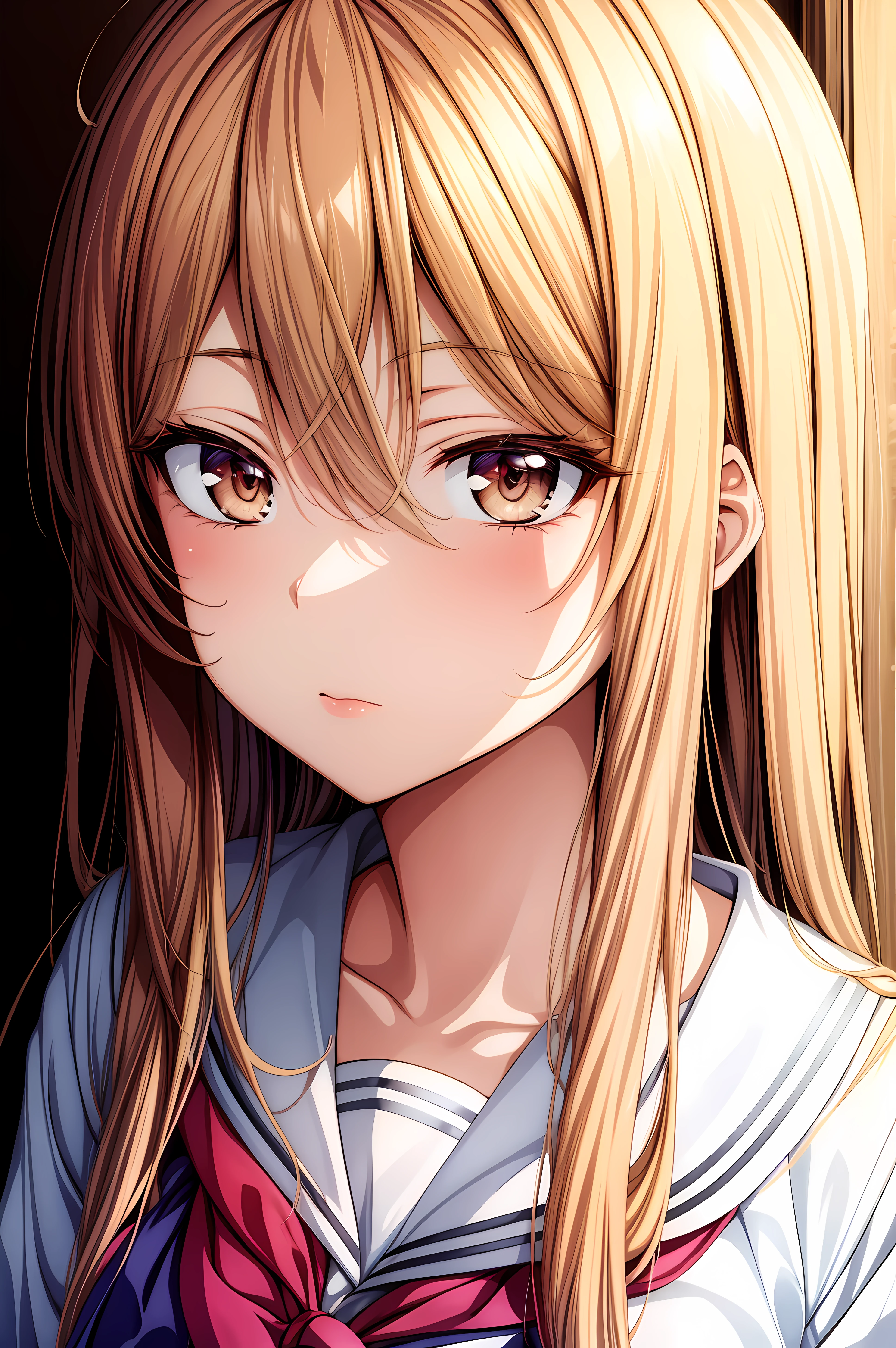 (masterpiece, best quality), <lora:mashiro shiina-lora-Faxtron:0.44> mashiro shiina, caramel-colored eyes, blonde hair, long hair, hair between eyes, long eyelashes, school uniform,
<lora:add_detail:0.8>,