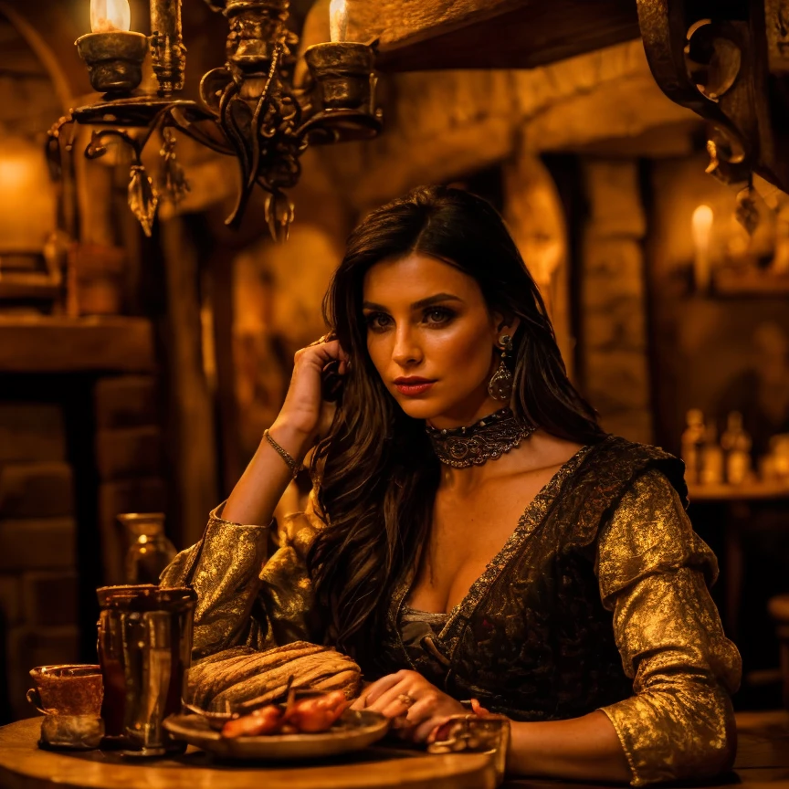 (masterpiece:1.2), (best quality,:1.2), 8k, HDR, ultra detailed, ((photorealistic)), perfect anatomy, professional light, cinematic lighting, fashion photography, ambient lighting, face lighting, Melissa, <lora:Melissa-10:1>, earrings, choker, dark makeup, long and wild and messy hair, ((cowboy shot)), dynamic pose, <lora:detail_slider_v4:3>, looking at viewer, as a bard, wearing intricate robes and dress, sitting at a table in a medieval tavern with some other men, smoke in the air, bar, fireplace, ((perfect hands)), FanTav, <lora:FantasyTavern-10:0.7>, epiCPhoto