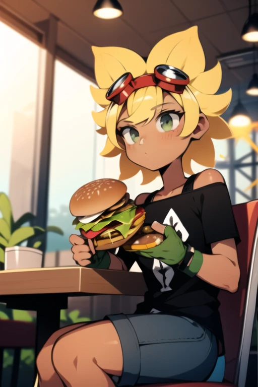 <lora:solarflare-06:1> solarflare, sitting in cafe, eating burger, masterpiece, best quality